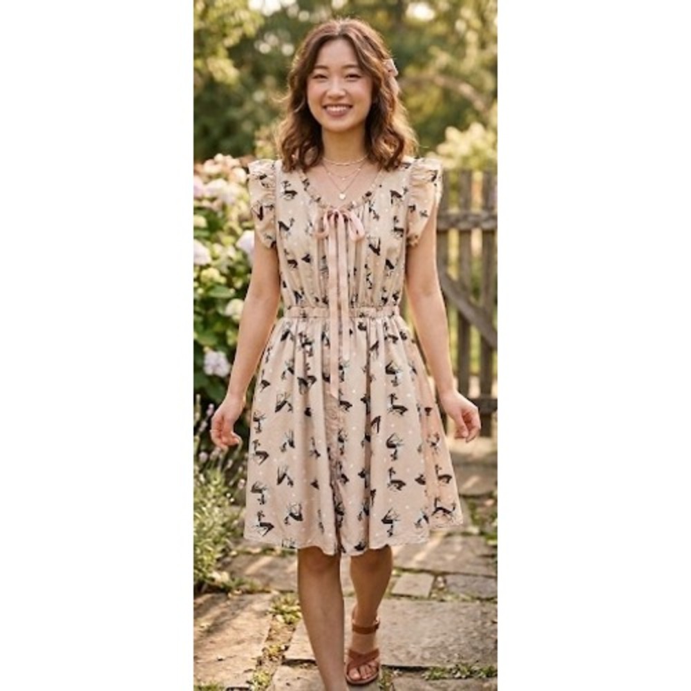 Chu Vi Vi Deer Polka Dot Flutter Sleeve Dress Beige Cottagecore Kawaii Medium